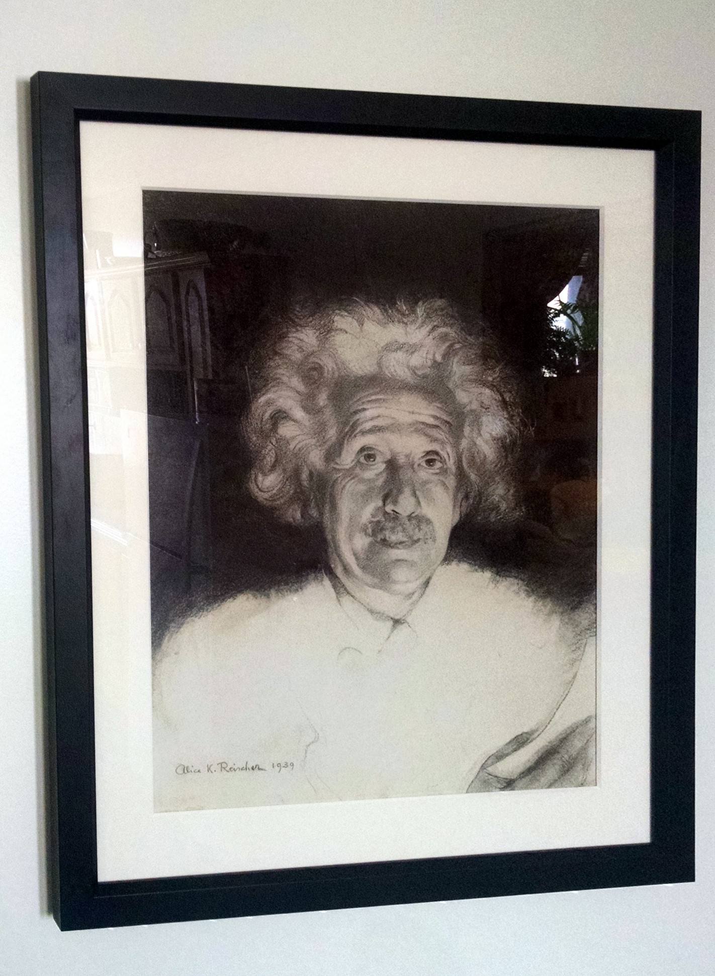 Portrait of Einstein by Alice Reischer, based on a sketch  made during a 1939 lecture. Hangs in the Department of Physics and Astronomy at Union College, a gift of Carl George. (Photo by Chad Orzel)